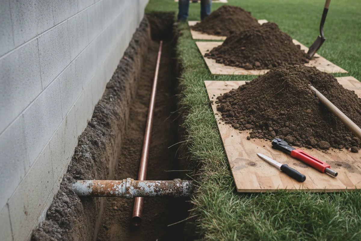 Excavated water line trench during Sewer Line Repair in Oaks